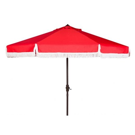 Safavieh 9 ft. Milan Fringe Crank Outdoor Push Button Tilt Umbrella, Red and White PAT8008E